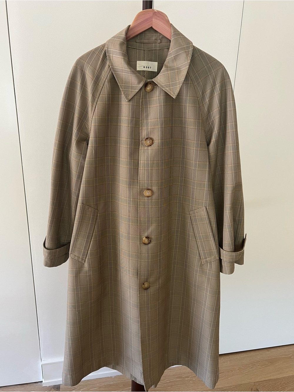 6397 Plaid Tan Single-Breasted Trench Coat